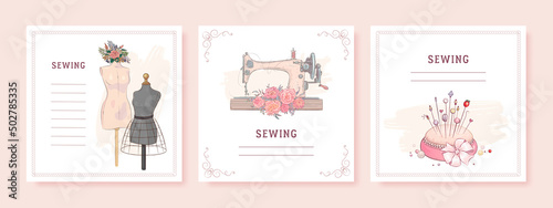 Square banner templates for greeting card and social media mobile apps. Sewing equipment and needlework. Vector illustration of sewing machine, mannequin and flowers