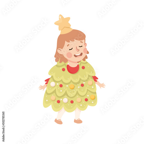 Little Girl in Theater Play Wearing Fir Tree Costume Performing on Stage Vector Illustration