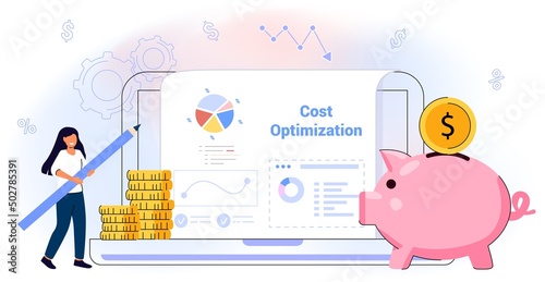Cost optimization Idea balance Costs reduction strategy concept Isolated flat vector illustration web banner, landing page Marketing campaign management Control falling rate profit Decrease Minimising