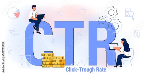 CTR Click through rate acronym Internet campaign Marketing strategy Website traffic Presentation Conversion rate SMM metrics tools Vector illustration Number time clicks Online advertising analysis