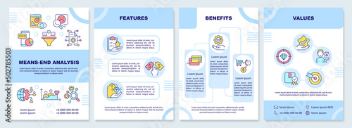 Means end analysis categories brochure template. Customer needs. Leaflet design with linear icons. 4 vector layouts for presentation, annual reports. Arial-Black, Myriad Pro-Regular fonts used