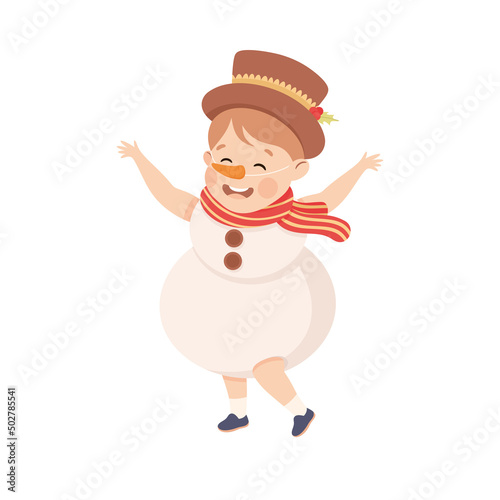Little Boy in Theater Play Wearing Snowman Costume Performing on Stage Vector Illustration
