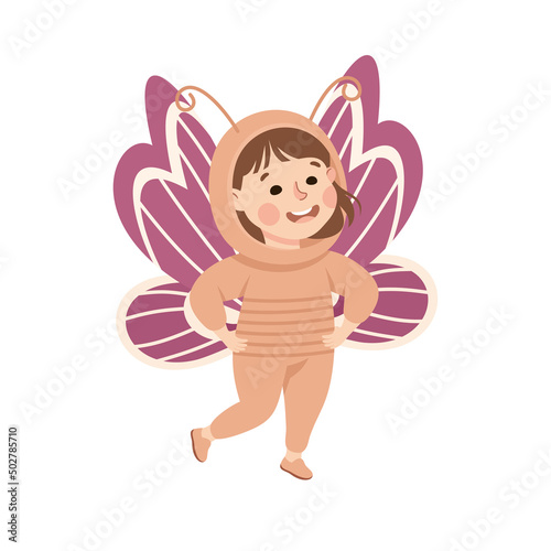 Little Girl in Theater Play Wearing Butterfly Costume Performing on Stage Vector Illustration