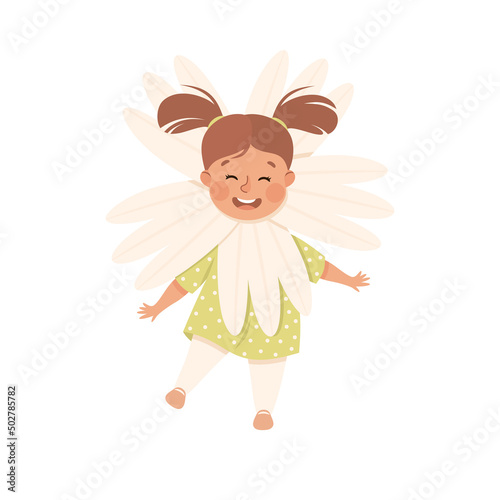 Little Girl in Theater Play Wearing Flower Costume Performing on Stage Vector Illustration