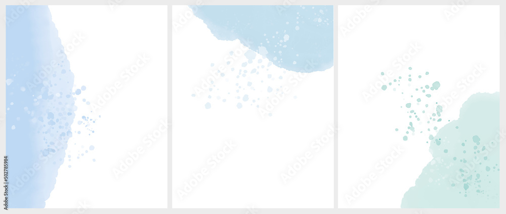 Set of 3 Delicate Abstract Watercolor Style Vector Layouts. Light Blue and Mint Green Paint Stains on a White Background. Pastel Color Stains and Splatter Print Set. - obrazy, fototapety, plakaty 