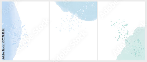Set of 3 Delicate Abstract Watercolor Style Vector Layouts. Light Blue and Mint Green Paint Stains on a White Background. Pastel Color Stains and Splatter Print Set.