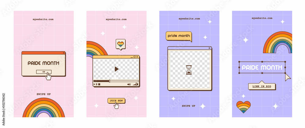 Set of vaporwave retro social media stories for LGBTQ Pride Month. Y2K aesthetic vertical banner or poster. Queer story template with old computer dialog window, rainbow and heart. Vector illustration