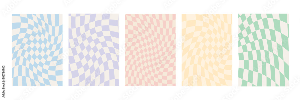Set of checkerboard backgrounds in pale pastel colors. Groovy hippie chessboard pattern. Retro 60s 70s psychedelic design. Gingham vector wallpaper collection for print templates or textile.