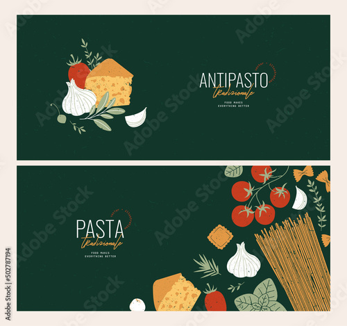 Italian pasta horizontal design templates. Spaghetti and ingredients. 