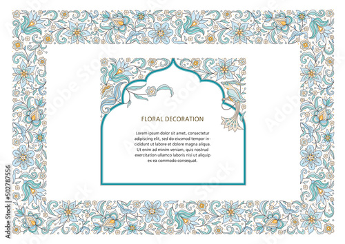 Vector floral set, frame, vignette, border, card design template. Elements in Eastern style. Floral borders, flower ethnic illustration. Indian ornaments. Isolated ornament.