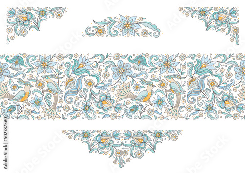 Vector floral frame, vignette, seamless border, card design template. Elements in Eastern style. Floral borders, flower ethnic illustration. Indian ornaments. Isolated ornament.