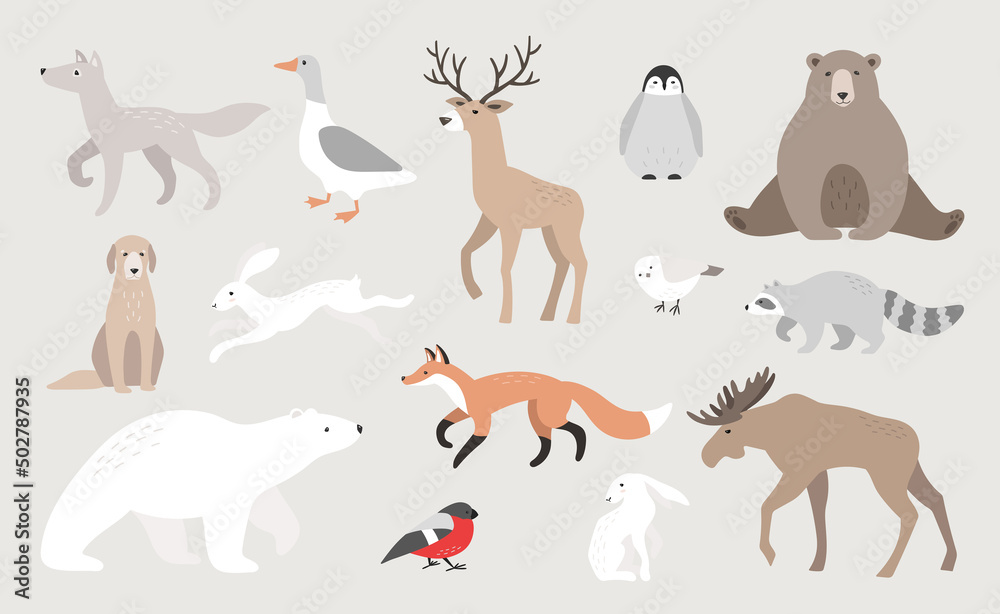 Fototapeta premium Cute vector wild animals. Wolf, goose, deer, penguin, bear, hare, fox, polar bear, racoon, moose, birds. Winter wildlife.