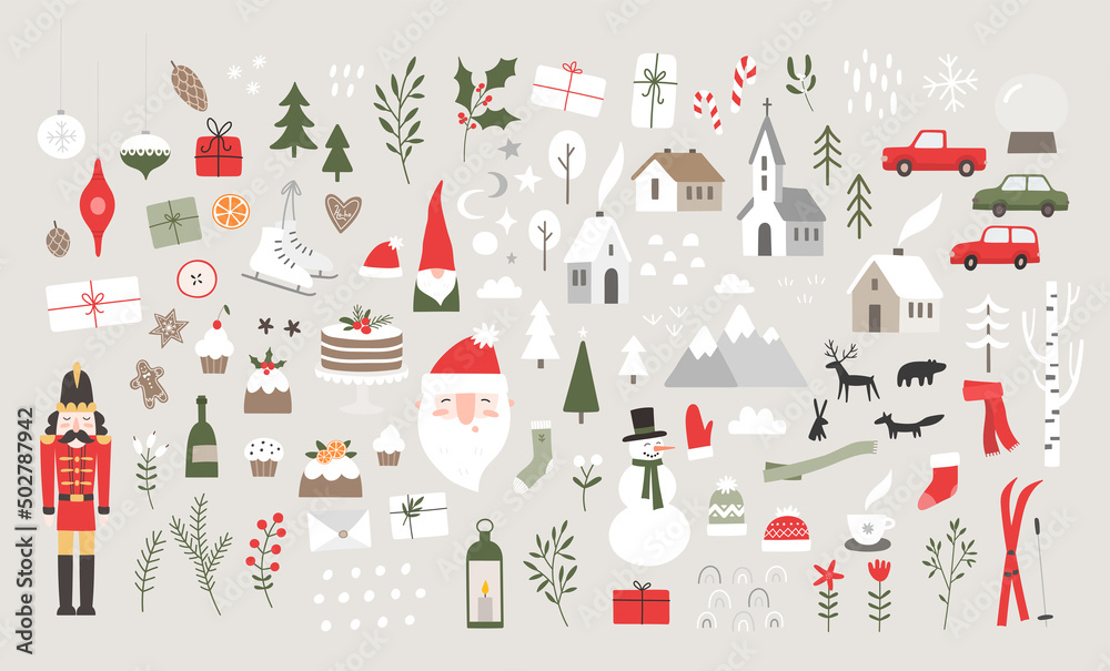 Cute vector set with Christmas illustrations. Santa Claus, nutcracker, gifts, houses, trees, holiday desserts, cars, mountains, gnome, twigs, snowman. New year's decoration elements.