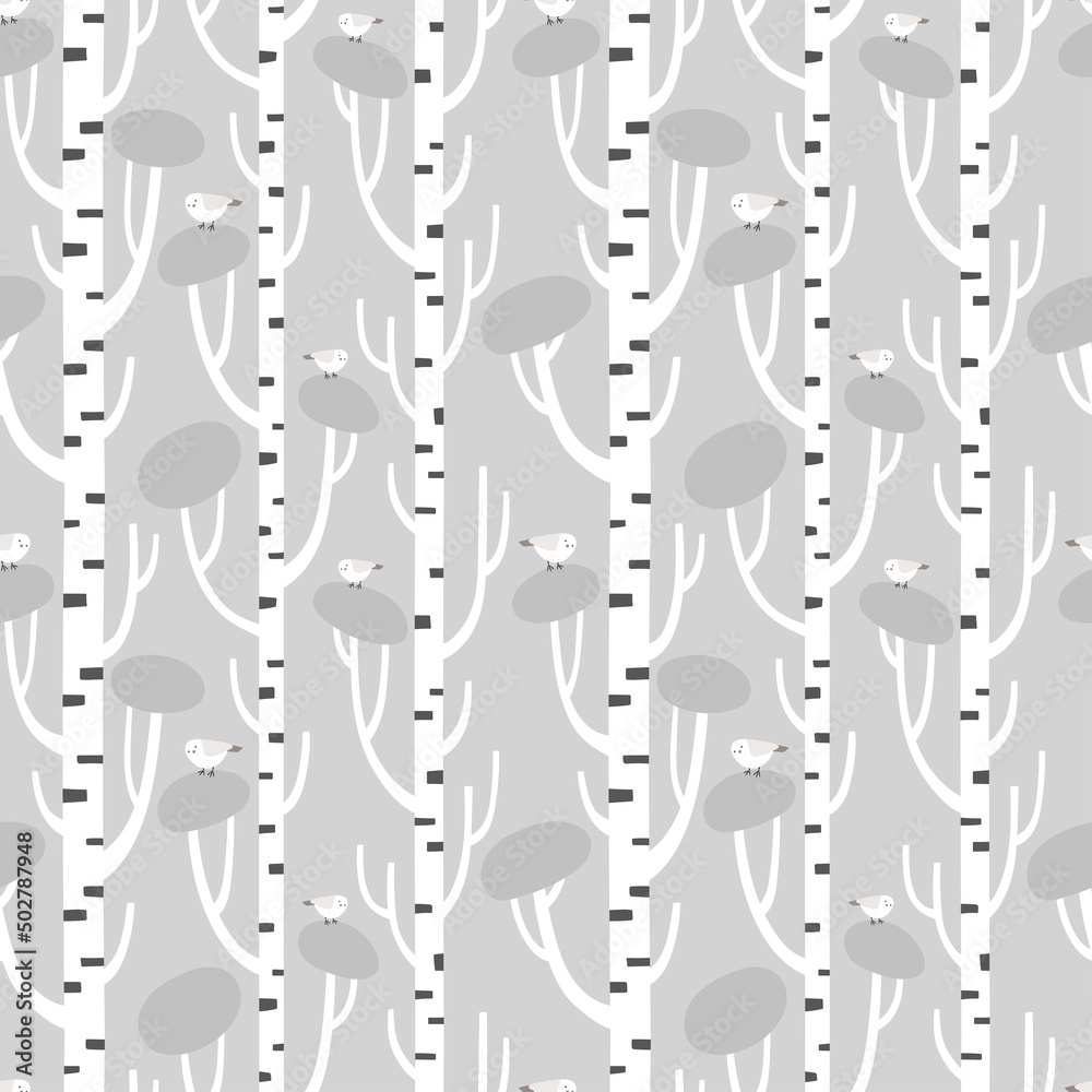 Seamless pattern with birch trees and cute birds. Winter nature. Kids illustration for holiday wrapping paper, textile, decorations.