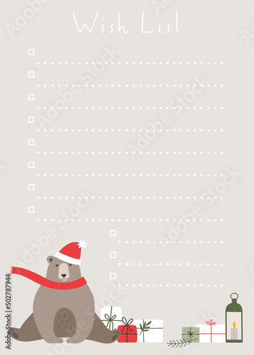 Cute Christmas wish list with a wild bear in the red hat, gift boxes, lantern. Funny illustration, new year character