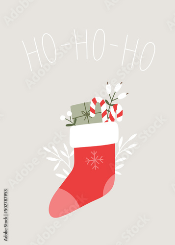 Cute card with Christmas illustrations. Winter red sock with gift, lollipop, twigs. Winter greeting. 