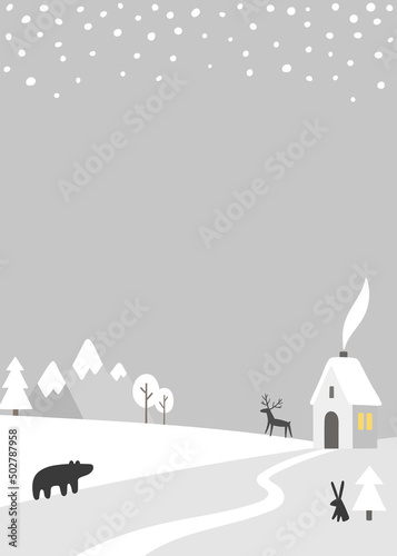 Card with winter landscape. House, animals, snow trees, snowflakes. Christmas night. Cute silhouette animals, deer, bear, hare.