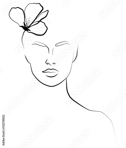 A continuous line of a portrait of a girl. The girl with the flower.
