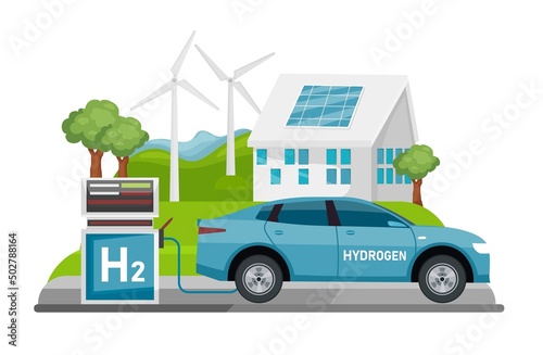 Ecological filling station. Automobiles with hydrogen motor. Vector illustration