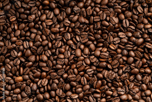 Roasted coffee beans macro close up view