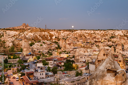 Awesome aerial view of Goreme at evening in Cappadocia, Turkey