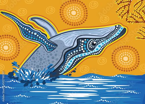 Whale in the ocean aboriginal dot art style