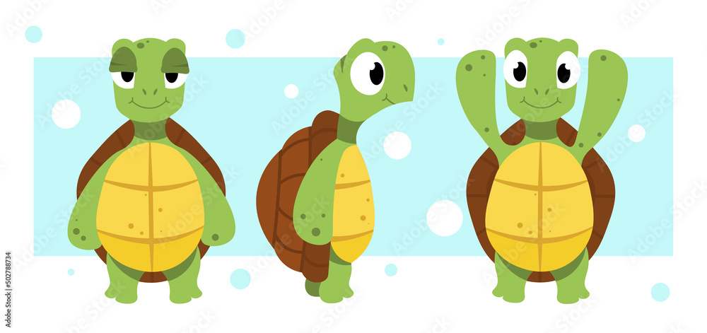 Vector illustration of cute and beautiful turtles on blue background. Charming character in different poses with front view, side and stands on its hind legs and waves its flippers in cartoon style. Vector illustration of cute and beautiful turtles on blue background. Charming character in different poses with front view, side and stands on its hind legs and waves its flippers in cartoon style.