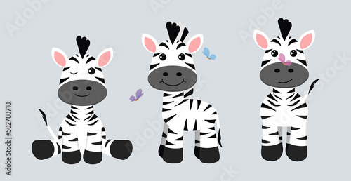 Vector illustration cute and beautiful zebras on white background. Charming characters in different poses with front view, side and sitting, playing with butterflies in cartoon style.