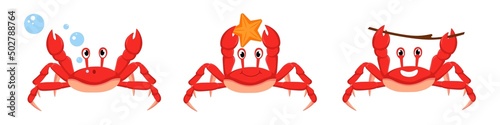 Vector illustration of cute and beautiful crabs on white background. Charming characters in different poses with blowing bubbles, holding a starfish and happily holding a stick in cartoon style.