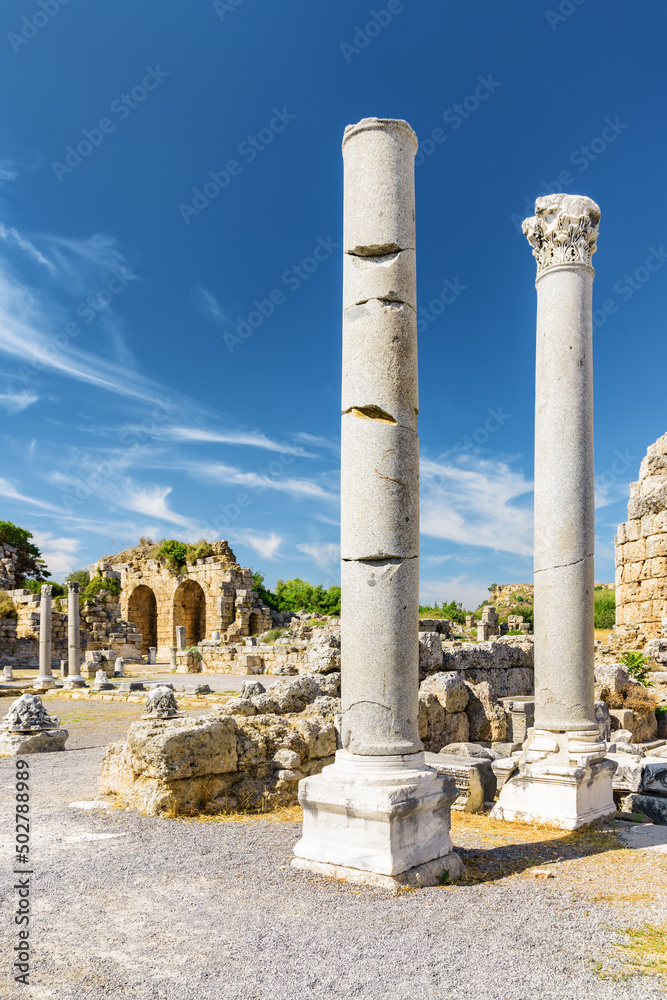 Scenic ruins of Perge (Perga) at Antalya Province, Turkey