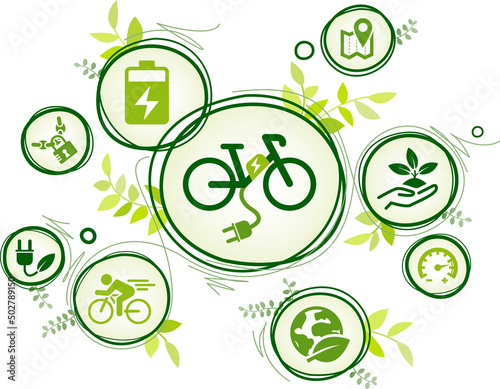 e-bike / pedelec vector illustration. Green concept with no people & icons related to ebike / electric bicycle riding, ecological / new mobility & transportation, urban biking. photo