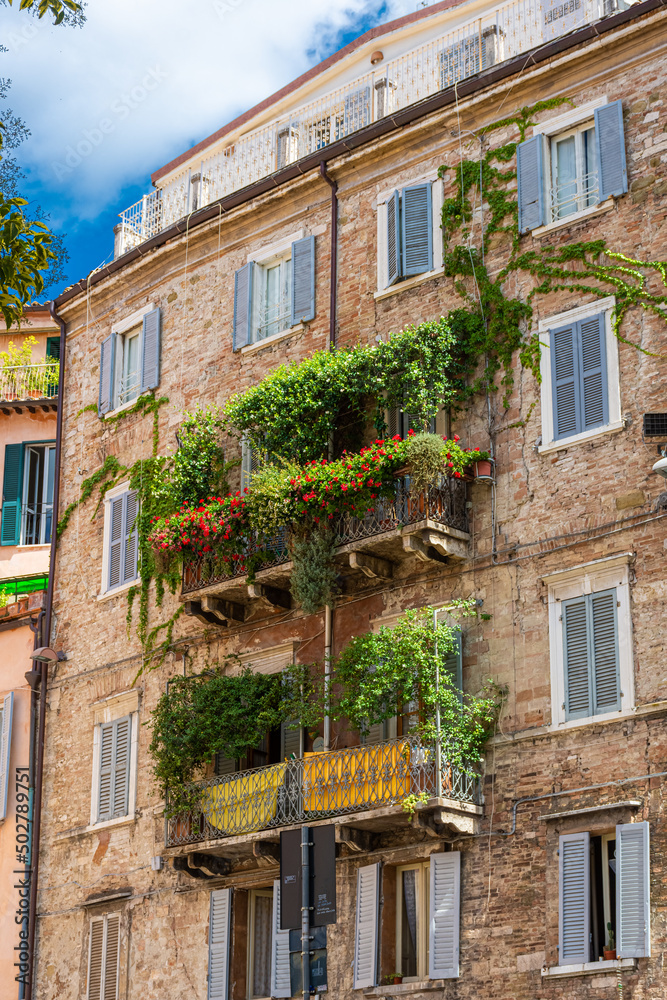 Naklejka premium Beautiful balcony in the medievel historic center of Perugia, Umbria Italy