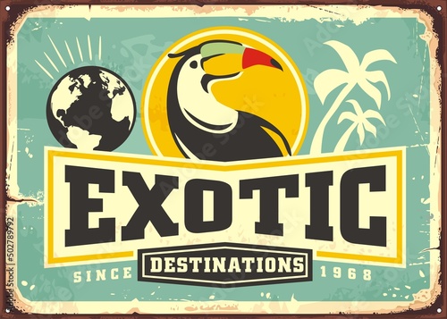Travel advertising vintage tin sign or poster with exotic bird and palm trees. Vector poster design for exotic tropical destinations. Toucan illustration.