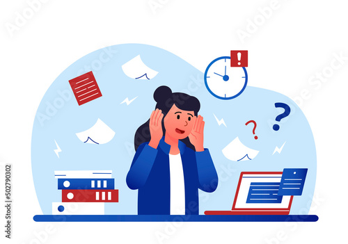 Woman under stress. Employee worries about deadline, difficulties, troubles at work and psychological pressure. Emotionally burnout overworked clerk or manager. Cartoon flat vector illustration