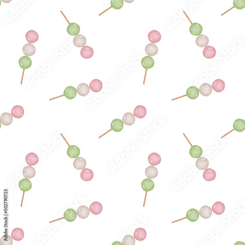 Cute seamless hand drawn watercolor dango  traditional japanese sweet pattern background