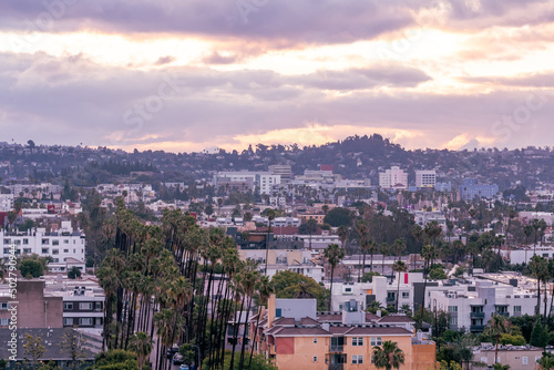 Rooftop view of residential homes in the Hollywood Hills of Los Angeles, California, USA at sunrise
