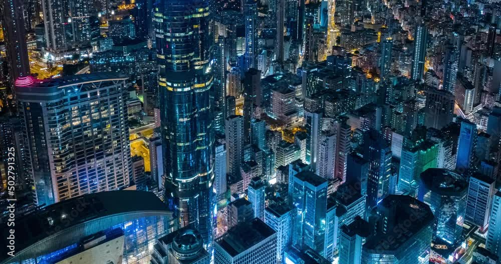 Timelapse of Drone fly over Hong Kong city at night