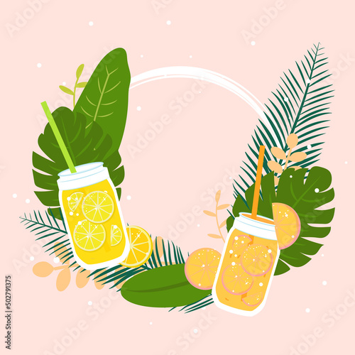 Summer greeting card, invitation with lemonade drink in mason jar. Orange, lemon and strawberry with tropical palm leaves. Vector illustration, web banner.