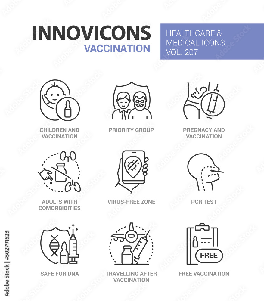 Vaccination and health care - line design style icons set