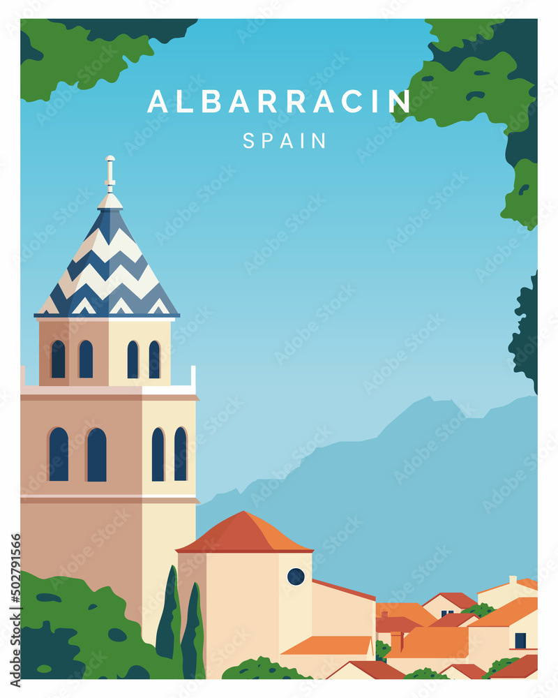 Albarracin background landscape illustration. Travel to spain. Suitable for poster, card, art print