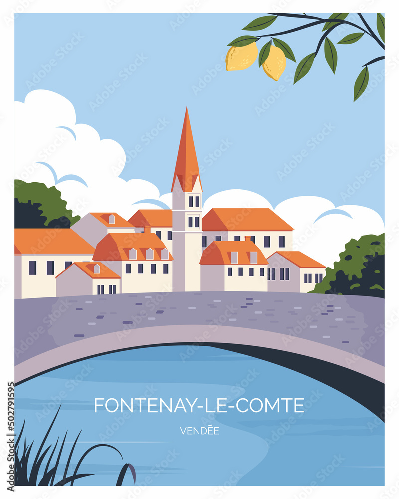 Fontenay le comte, vendee france background landscape vector illustration with flat style design. - obrazy, fototapety, plakaty 