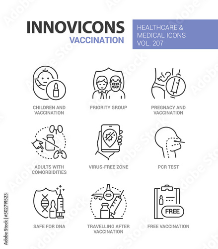 Vaccination and health care - line design style icons set