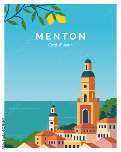 Menton background landscape illustration with colored style. Travel to menton france.