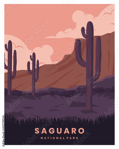 Illustration of Saguaro National Park in Arizona landscape background.