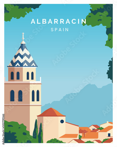 Albarracin background landscape illustration. Travel to spain. Suitable for poster, card, art print photo