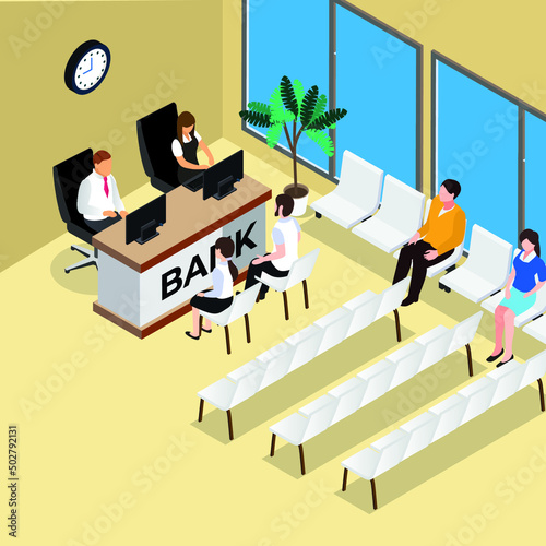 Bank queue - People waiting making financial transactions at cash desk isometric 3d vector illustration concept for banner, website, illustration, landing page, flyer, etc.