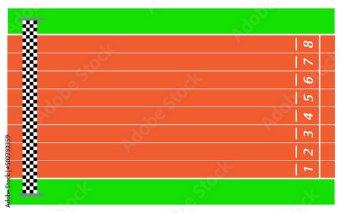 Eight running tracks. Green field with goal. Vector illustration.