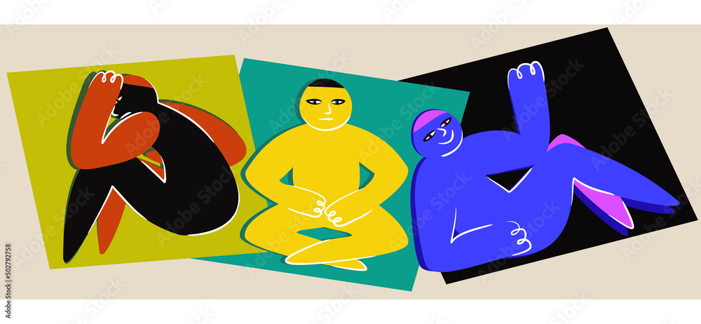 Three vector figures illustrating various emotions: thoughtfulness, calmness and carelessness. Bright concept.