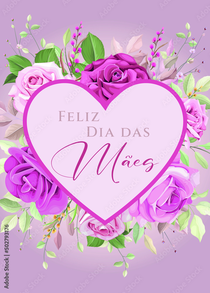 cartão ou banner no dia das mães em malva em um coração e em torno de rosas de várias cores em um fundo gradiente de cor malva