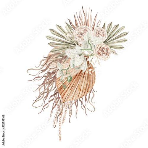 Fototapeta Naklejka Na Ścianę i Meble -  Watercolor  wedding boho bouquet with hand painted tropical flowers  orchid and dried palm leaves, branches of pampas and rose flowers.